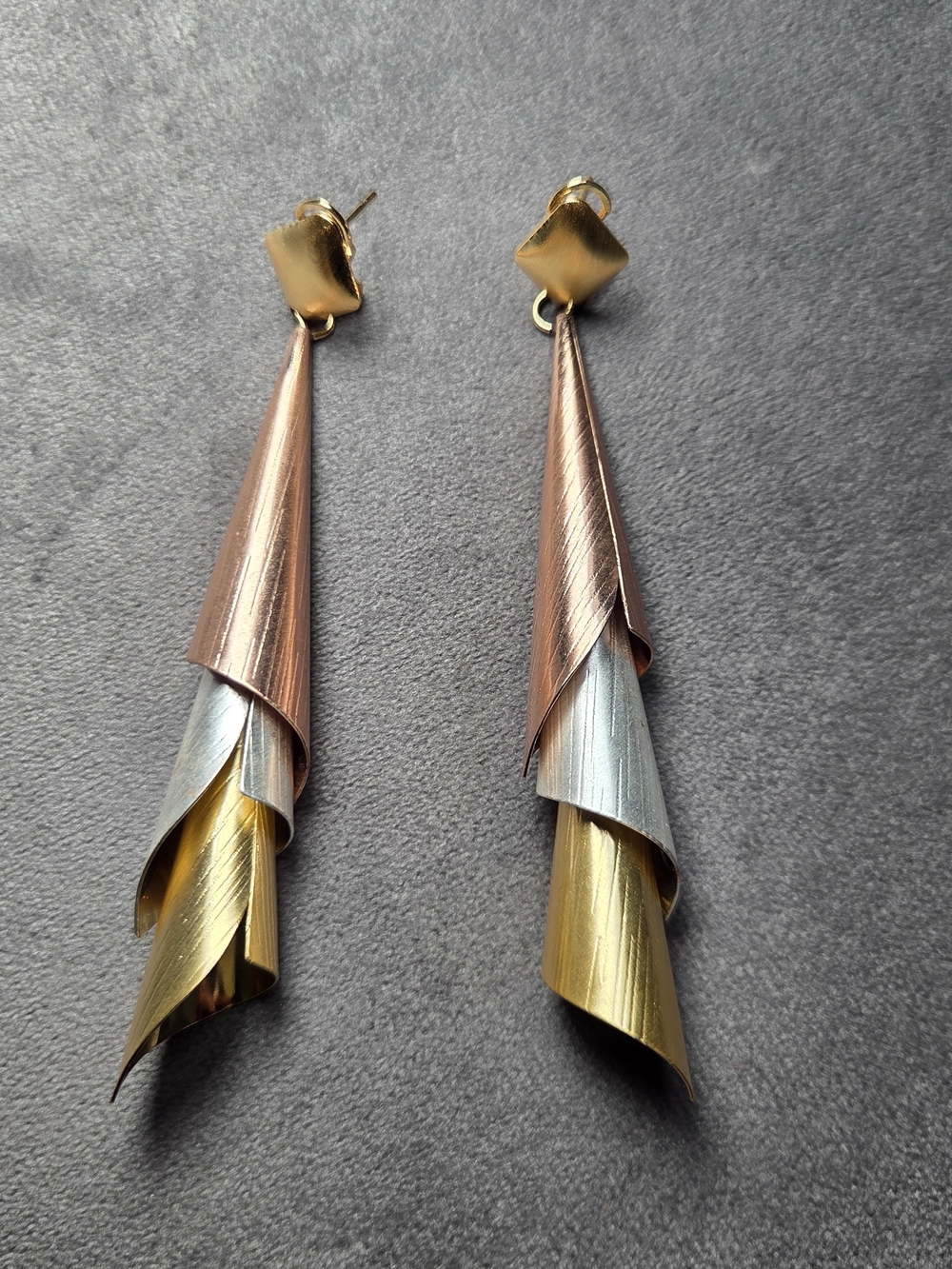 Tri-Tone Spiral Drop Earrings - Gold, Rose Gold & Silver